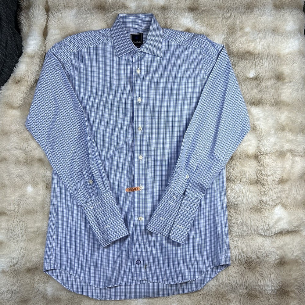 David Donahue Dress Shirt 16 32/33 Blue Plaid French Cuff Point Collar Cotton