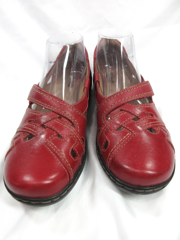 Clarks Red Leather Comfort Shoes with Adjustable Strap Size 8.5M Excellent Condition