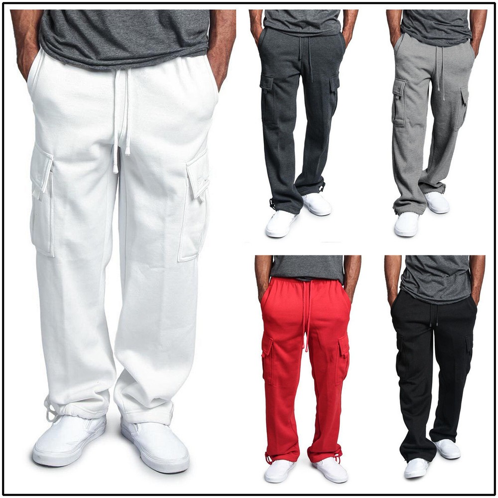 Men's Jogger Heavy Weight Fleece Cargo Pocket Sweat Pants Straight-fit Trousers