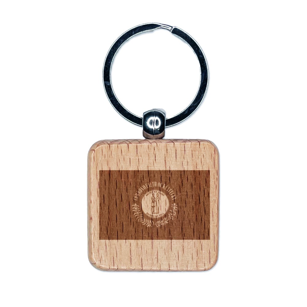 Kentucky State Flag Engraved Wood Square Keychain Tag Charm