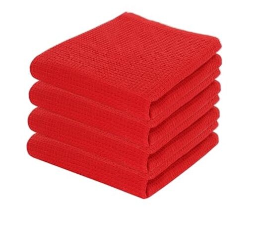 Premium 4-Pack Red Waffle Weave Kitchen Towels 100% Cotton 15x25 Inches
