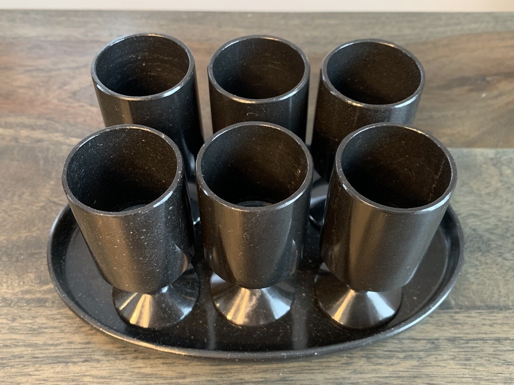 Black Stone Set 6 Small Goblets and Tray Vintage Black Onyx White Speckles