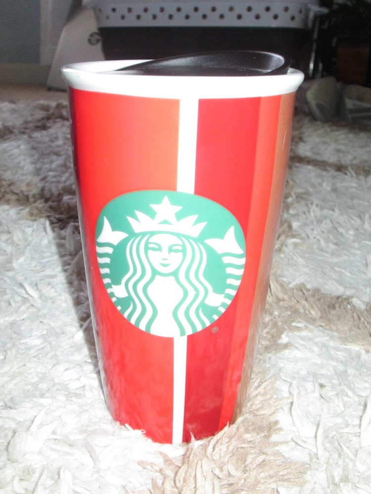 Starbucks Holiday Stripes Red Gold White Ceramic Travel Mug 12oz w/ Black Lid