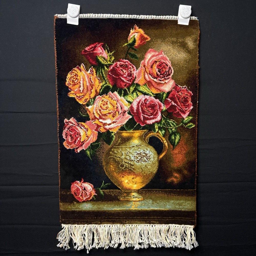 Persian Pictorial Floral Rug Hand-Knotted 23x15 inches 210KPSI with Hangers  