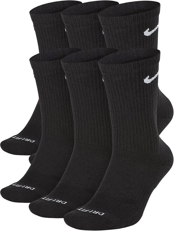 NIKE CREW DRIFIT ADULT UNISEX EVERYDAY TRAINING SOCKS,(6 PAIRS),BLACK, LARGE