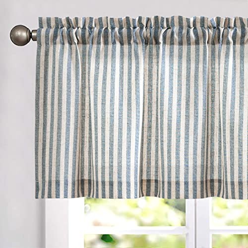 Linen Valance Curtain 50x16 Inches Blue on Beige Pinstripe Single Panel