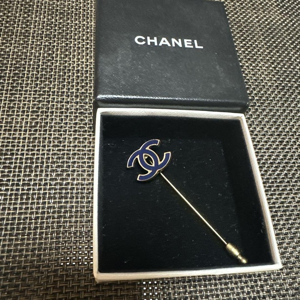 Chanel Navy Coco Mark Pin Brooch Logo Metal Brand with Box