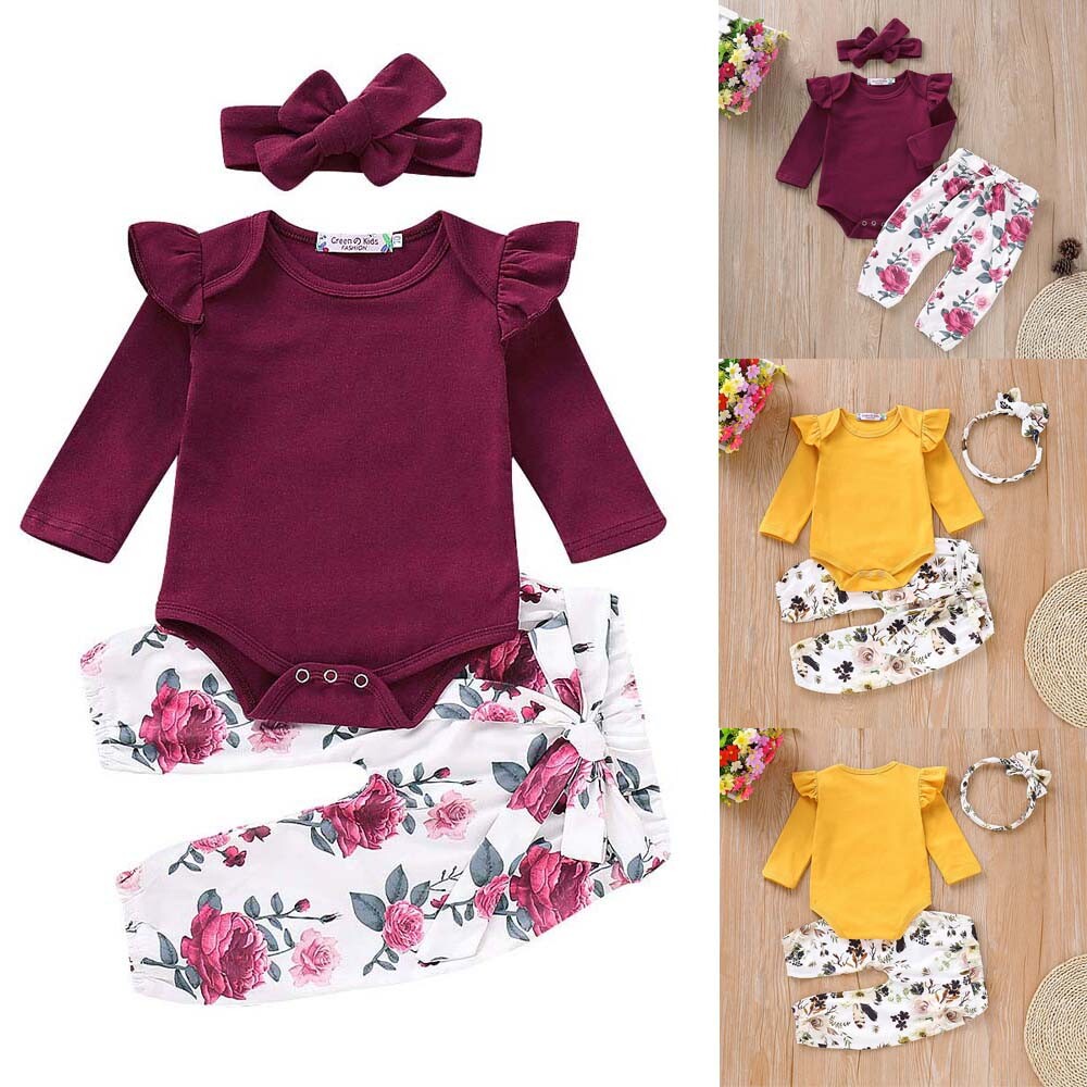 Newborn Baby Girl Romper Ruffle Bodysuit Pants Headband Clothes Outfits Set