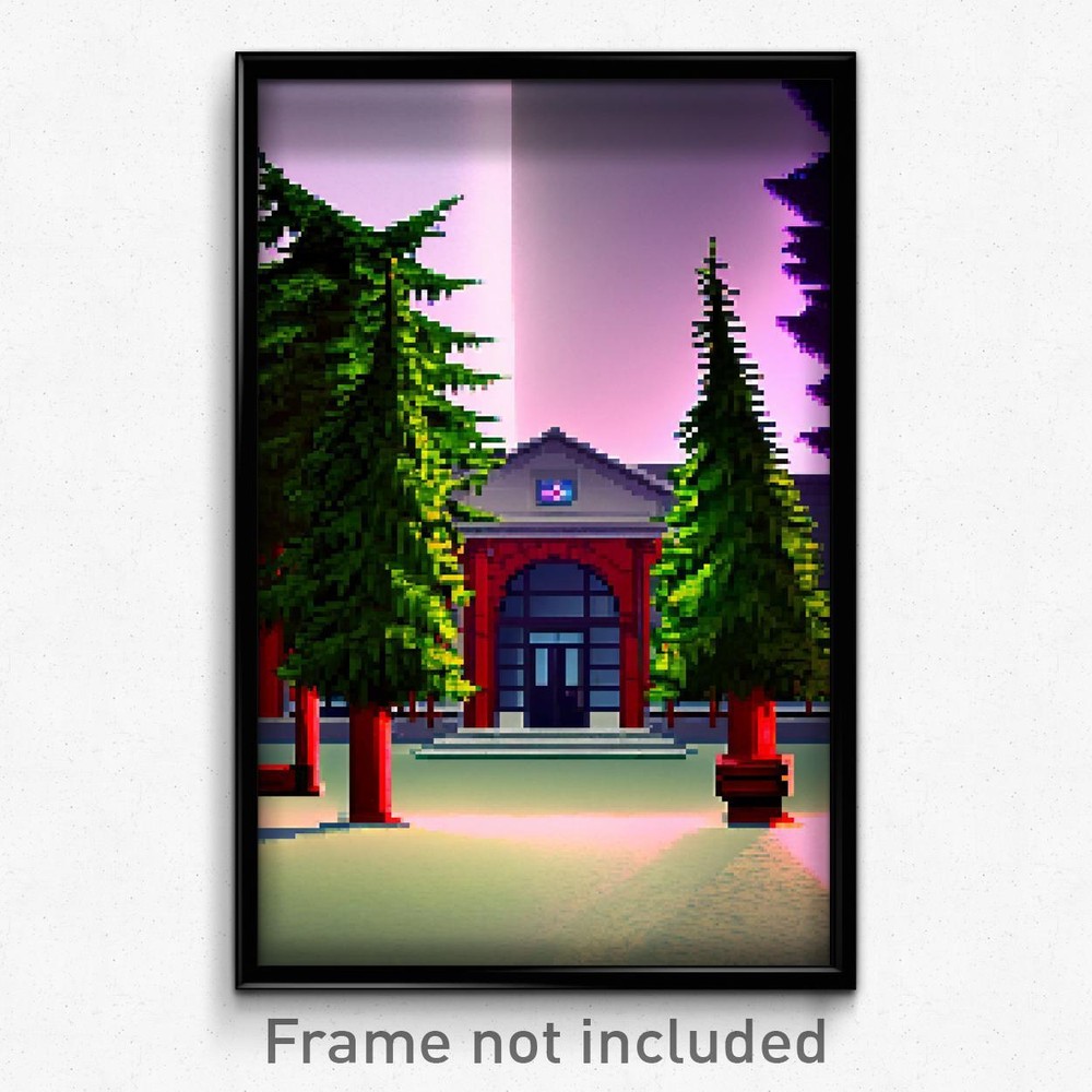Pixel Art Poster - Evergreen School (8 Bit Psychedelic Trippy Video Game Print)