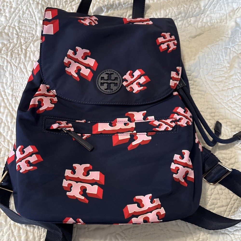 Tory Burch Printed Logo Allover Navy Blue Nylon Backpack 76983