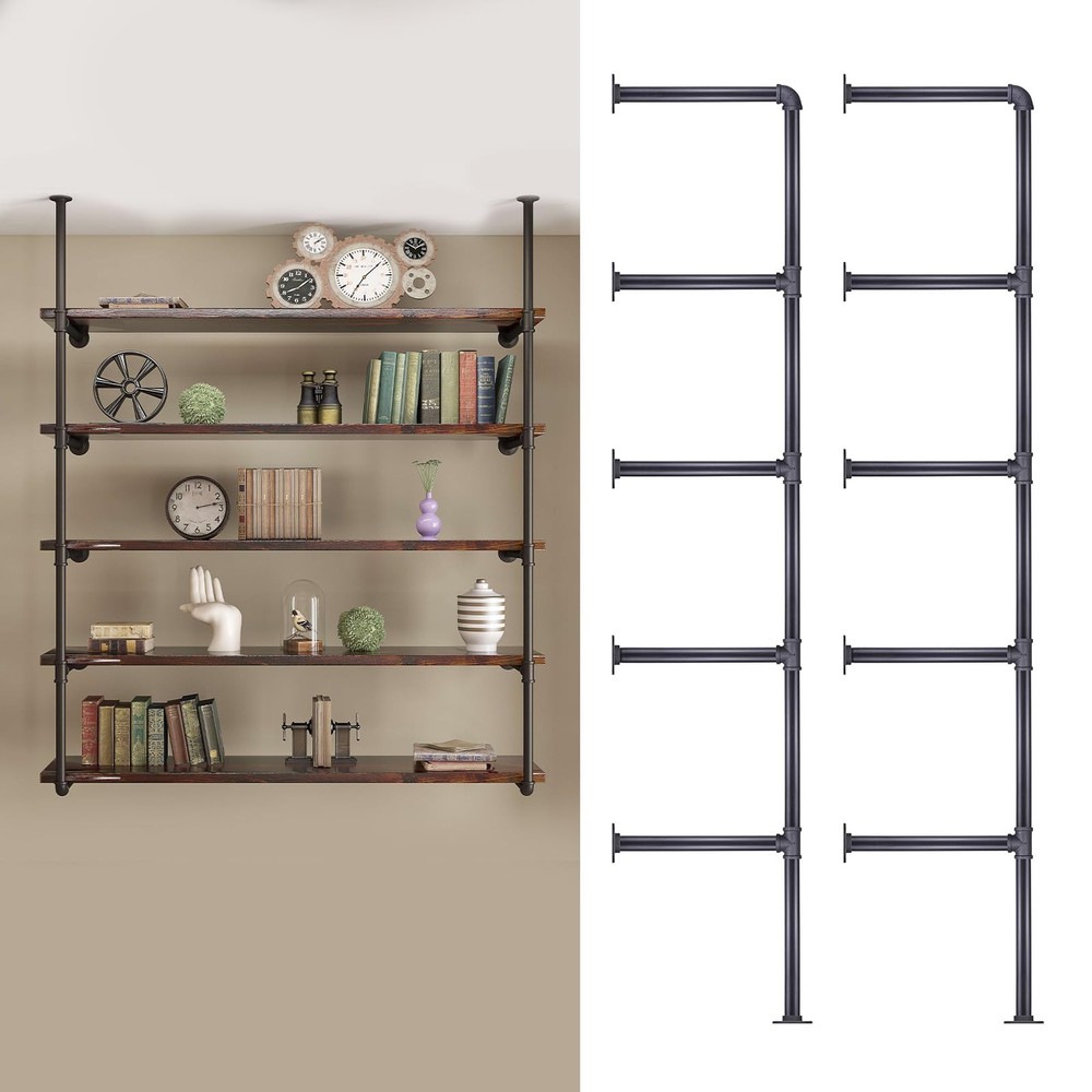 Industrial Wall-Mounted Iron Pipe Shelf DIY Farmhouse Open Bookshelf for Kitchen or Living Room