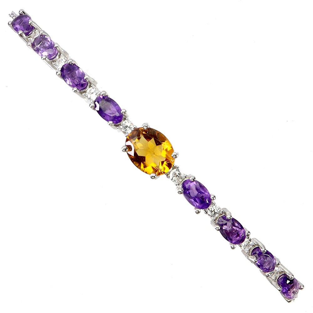 925 Sterling Silver Oval Citrine & Amethyst Gemstone Bracelet 7in
