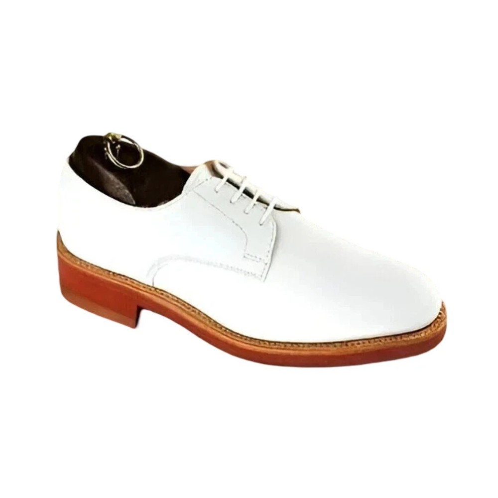 Handmade White Genuine Leather Derby Lace Up Dress Office Formal Shoes For Men