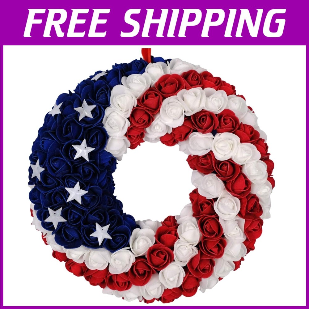 Handcrafted Red White Blue Patriotic Wreath for 4th of July Door Decor