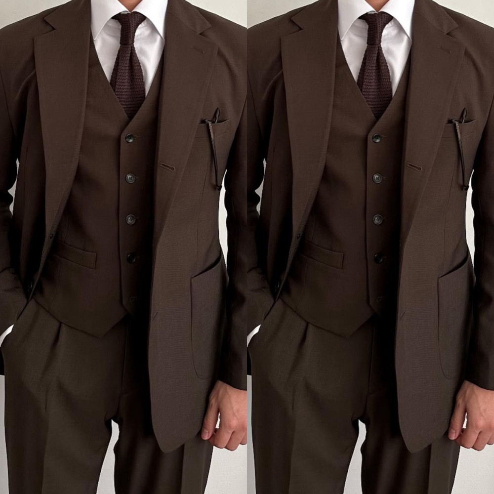 Dark Brown Men's Suit Business Formal Tuxedo Jacket Offical Workwear 3Pcs Vest