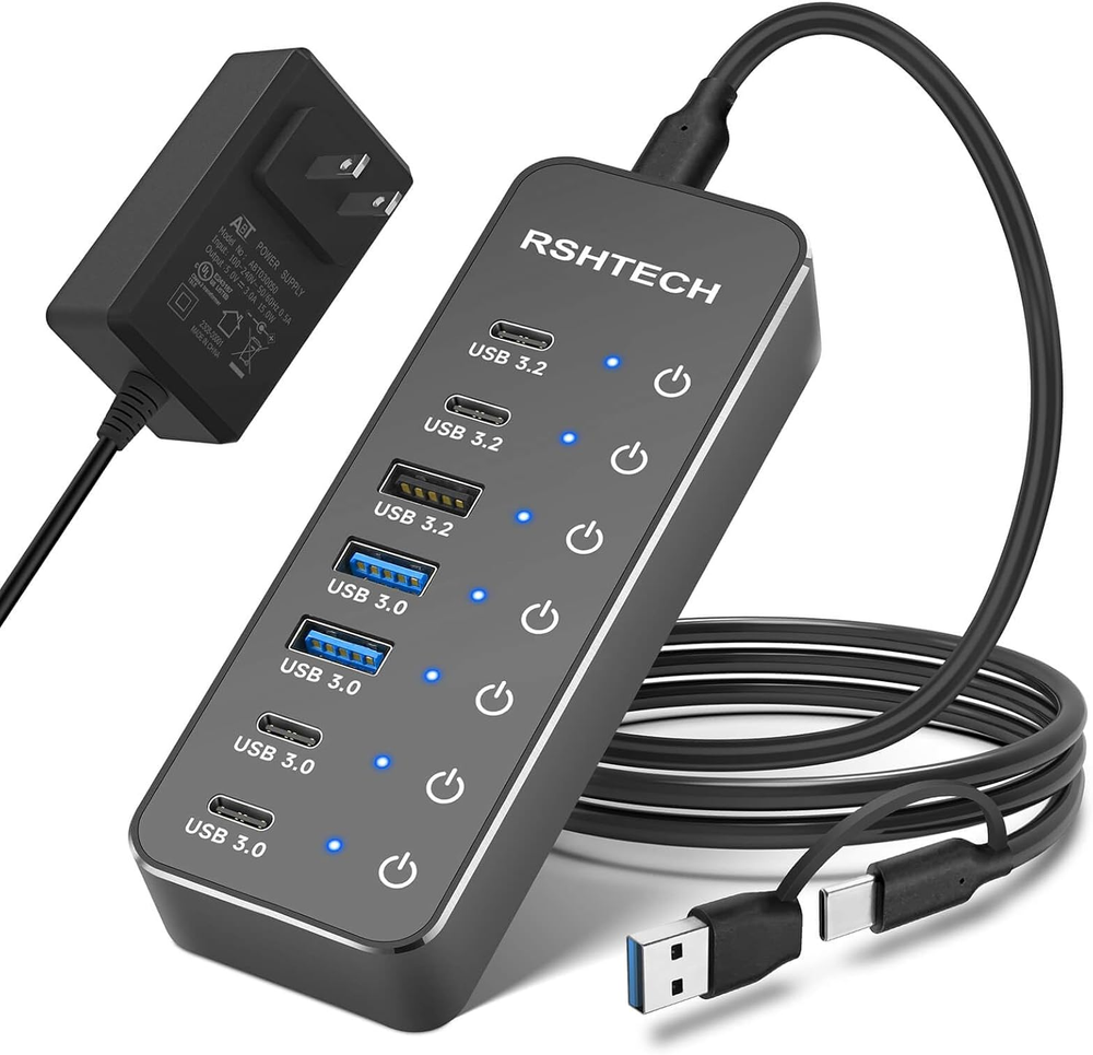 7-Port Powered USB 3.2/USB-C Hub Splitter with 3 X 10Gbps USB-3.2 Ports (2C + 1A