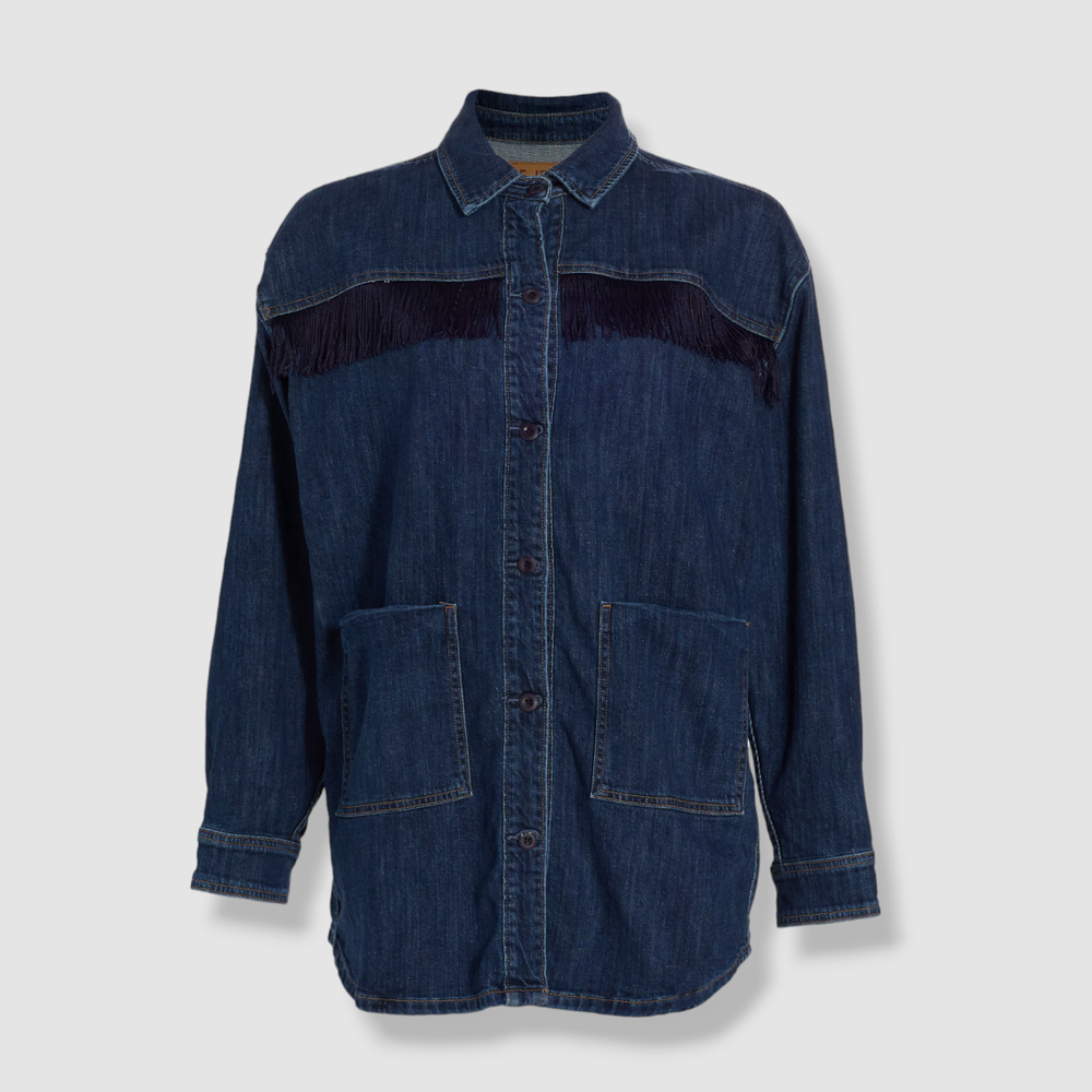$468 Le Jean Women's Blue Cotton Denim Kira Fringe Overshirt Jacket Coat Size S