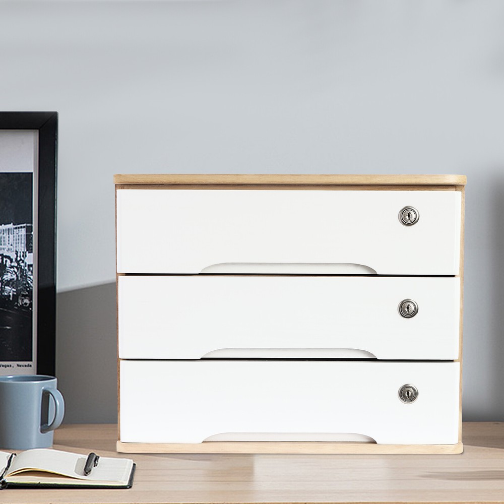 3-tier Wooden Desktop Storage Cabinet w/ Lockable Drawers+6*keys For Home Office