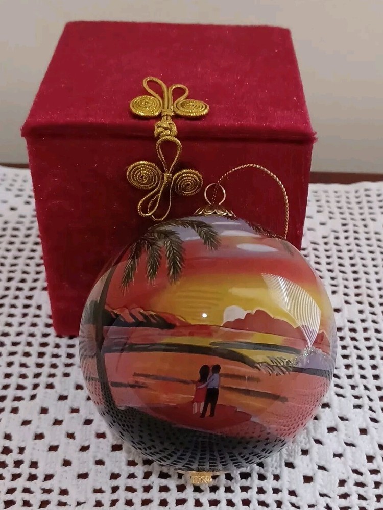 Inside Painted Hand Blown Glass Ornament Man And Woman At Sunset Tropical Beach