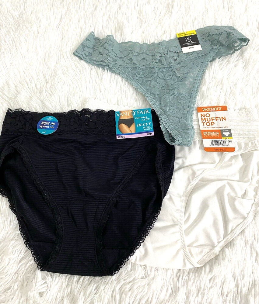 3 Bundle Women's Lace Hi-Cut Panty Thong Size M Assorted Brand Black White Green