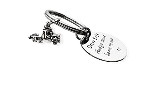 Drive Safe Key Chain with Semi Truck Charm, Always Come Home to Me, Handstamp