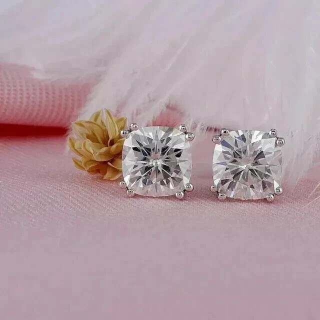 1 Carat Cushion Cut Moissanite Stud Earrings in 14K White Gold Plated