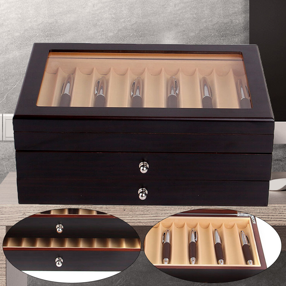 34 Slots Wood Fountain Pen Display Case Holder Storage Collector Box Organizer