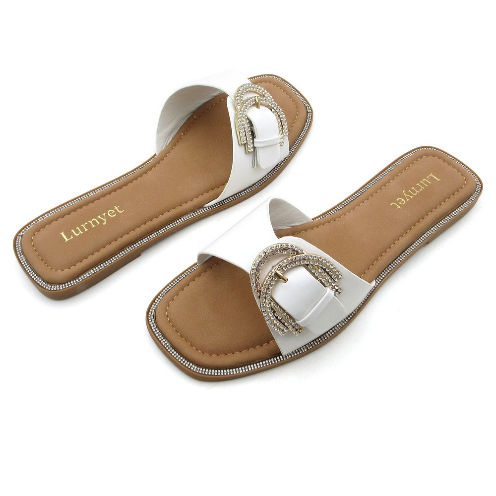Women's Casual Rhinestone Buckle Slide Sandals Faux Leather Crystal Embellished