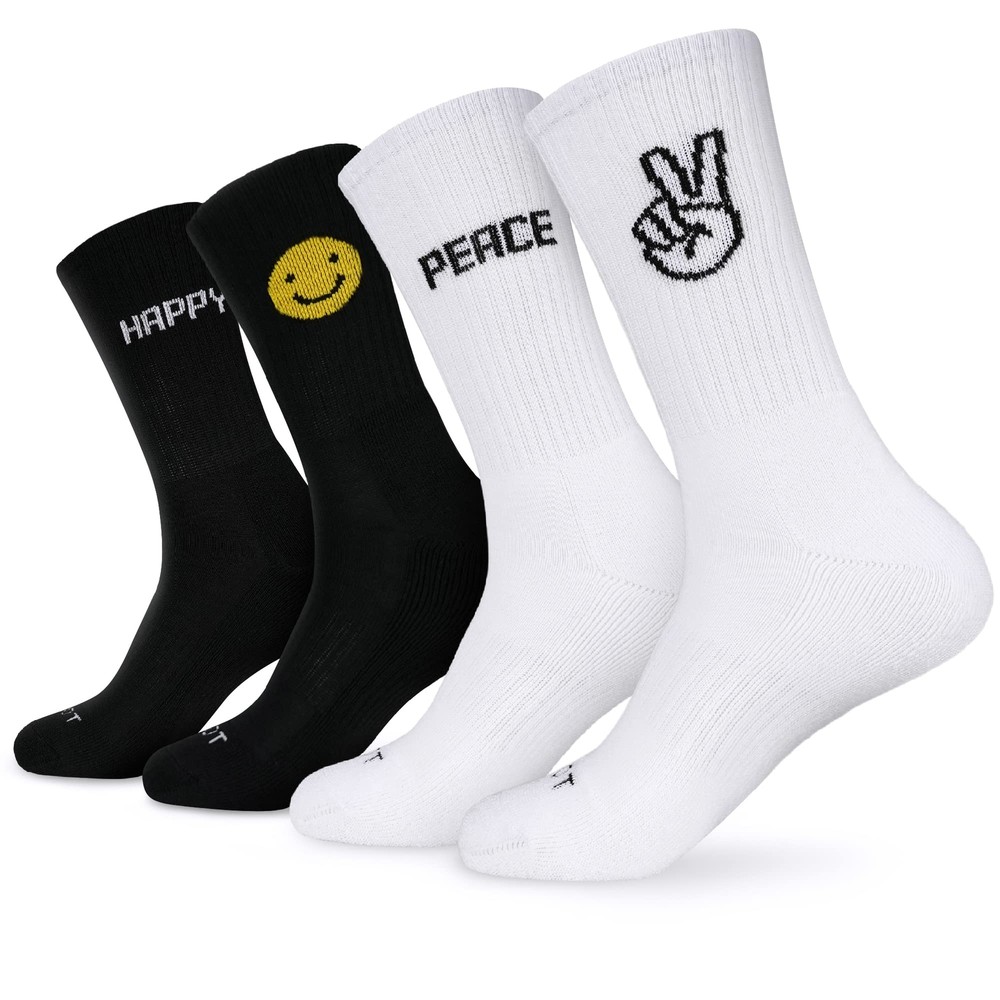 Women's and Men's 4 Pairs Athletic Cushion Crew Socks Happy Smile Medium, mul...