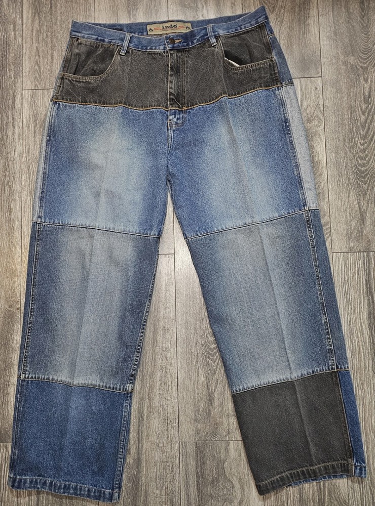 VTG 90s Y2K Baggy Patchwork Jeans Blue Black Skater Goth Grunge Men's 38X32