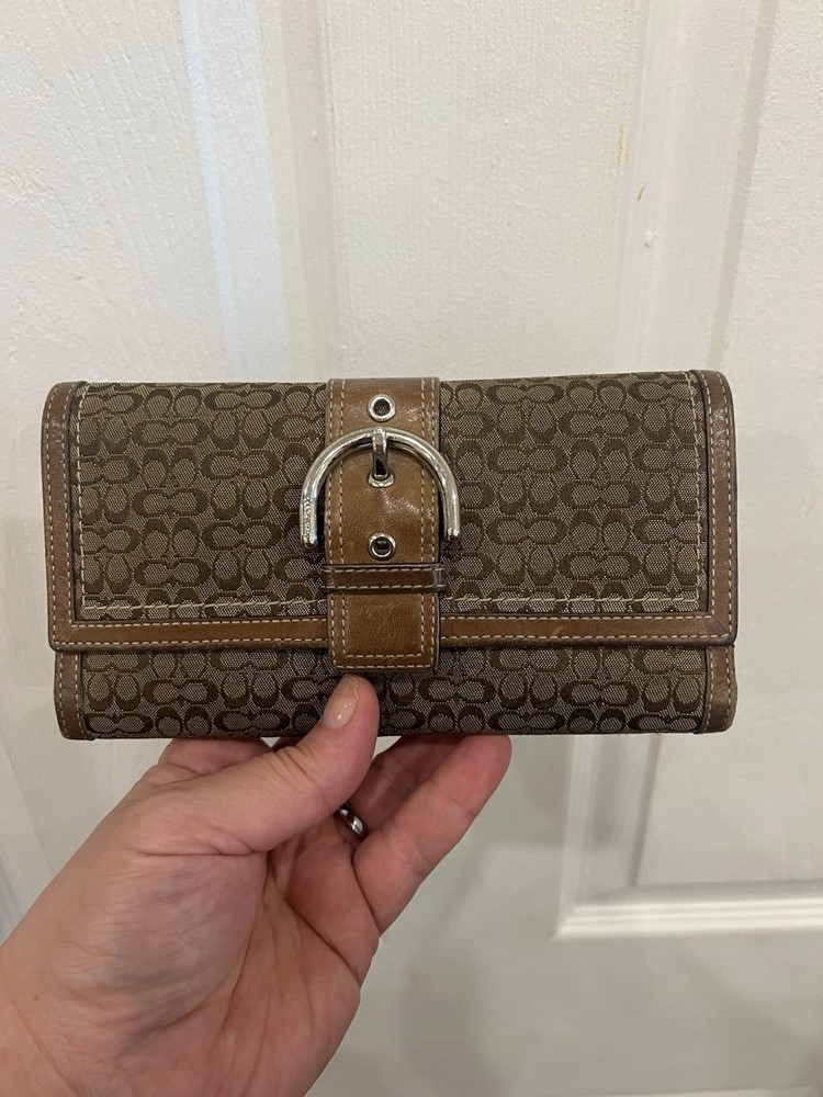 Vintage Coach Mini Jacquard Tri-Fold Wallet in Khaki Brown with Buckle Y2K Style