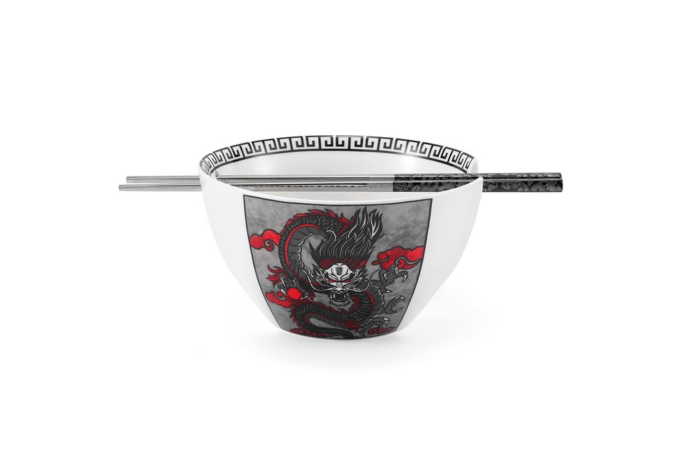 Dragon Ramen Bowl with Chopsticks Ceramic Bowl Stainless Steel Chopsticks Jap...