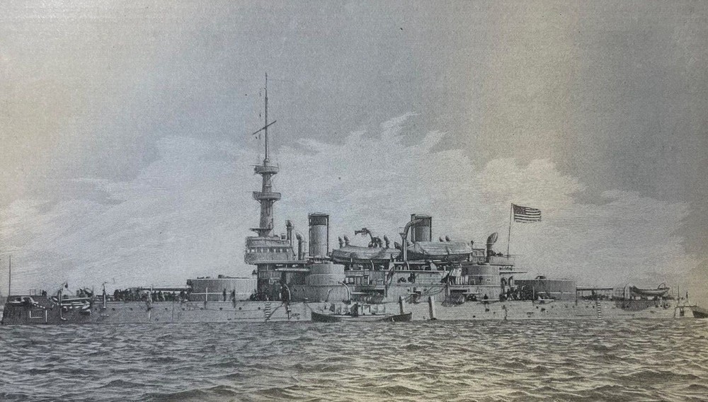 1898 Vintage Magazine Illustration Battleship Massachusetts Spanish American War