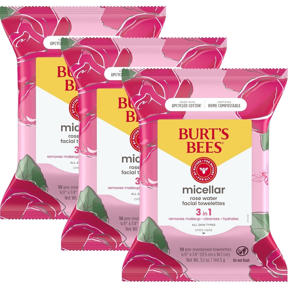 Rose Water Face Wipes, 30 Ct (3-Pack) - Hydrating Micellar Makeup Remover-US