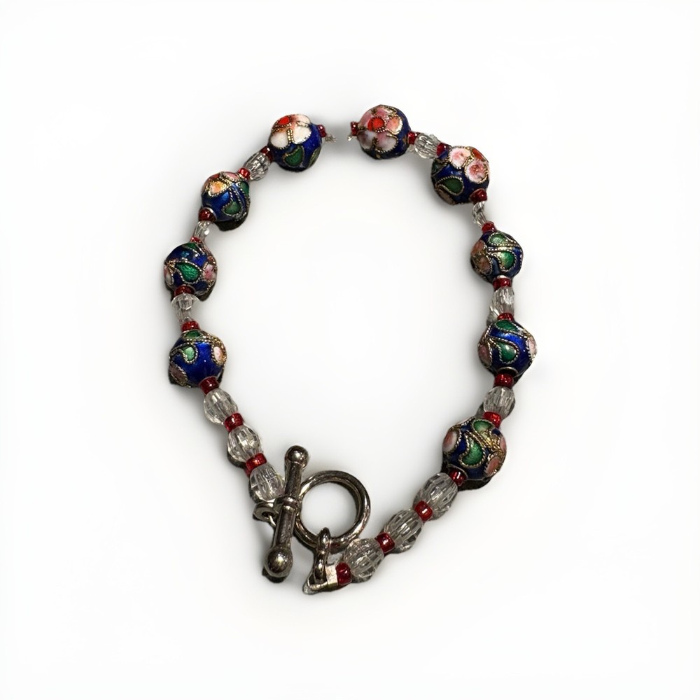 Vintage Cloisonné Cherry Blossom Bracelet with Silver Clasp