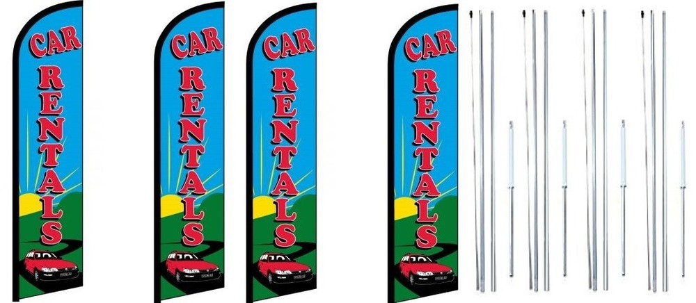 Car Rentals Windless Flag With Complete Hybrid Pole set- 4 pack