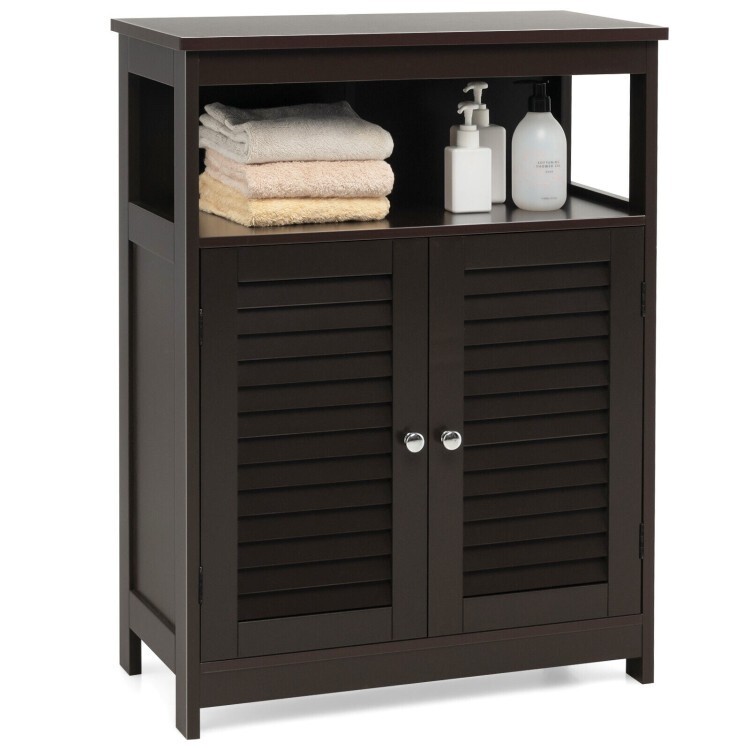 Double Door Wooden Freestanding Bathroom Storage Organizer Cabinet W/ Open Shelf