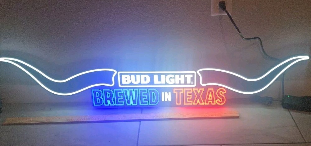 Bud Light Texas Longhorn Wide Neon Beer Bar Sign New Budweiser Over 4ft Wide Led