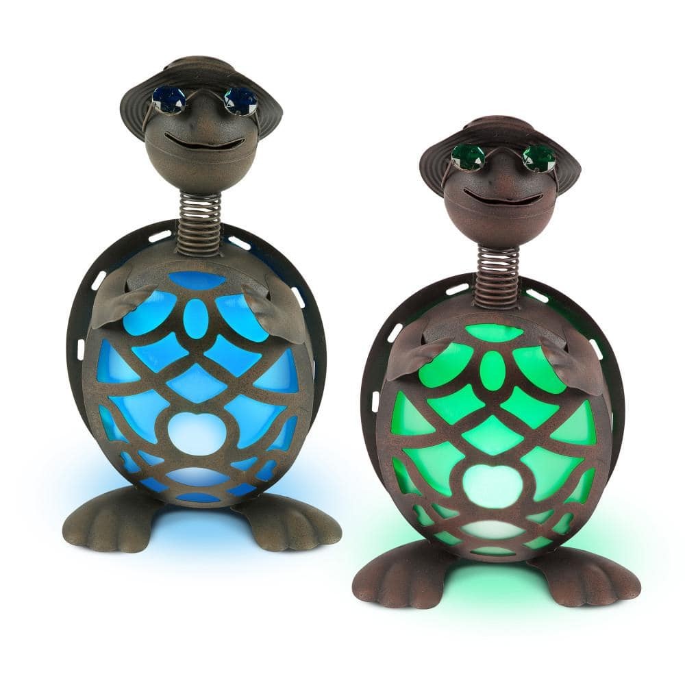 Solar-Powered Metal Turtle Garden Statues Set of 2