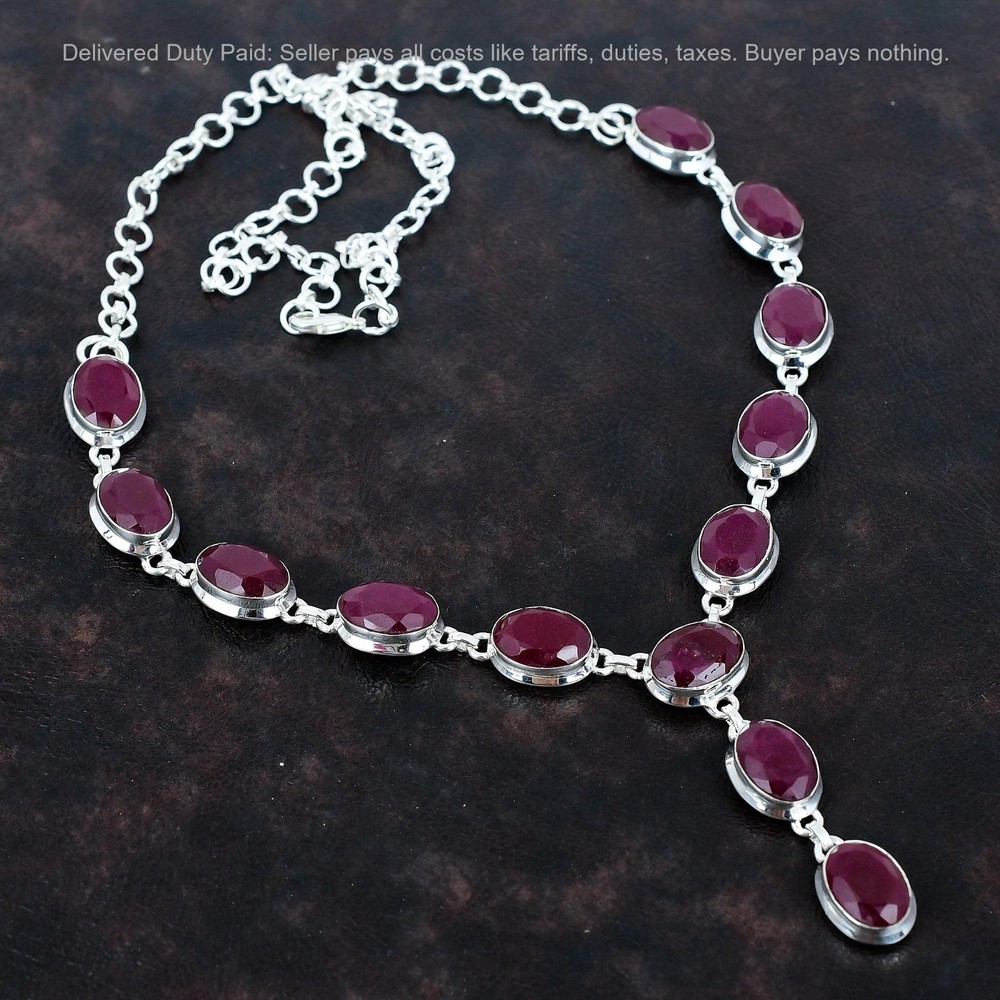 Cyber Monday Sale Sterling Silver Kashmir Rubi Gemstone Chain Necklace Jewelry-image
