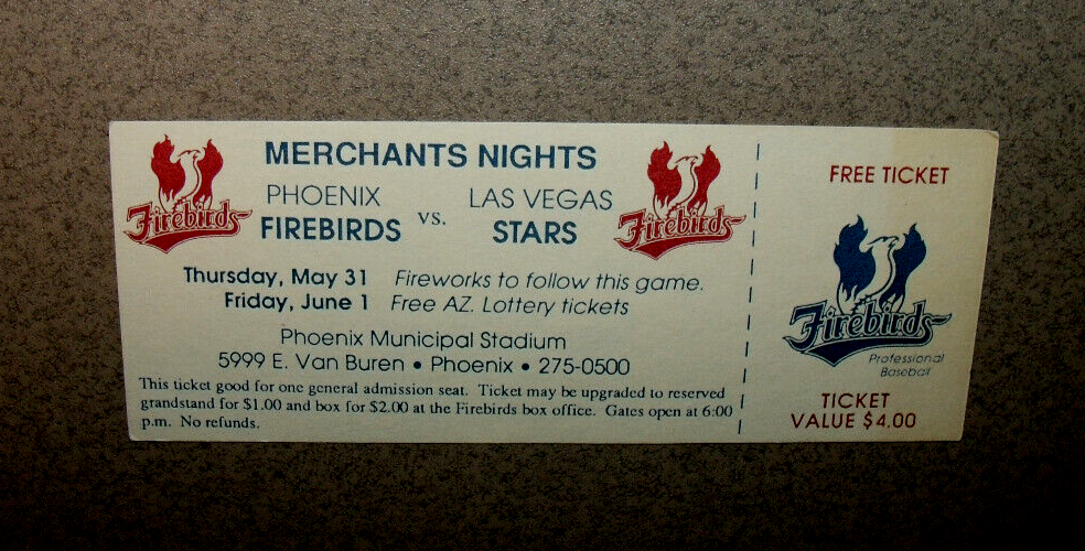 Phoenix Firebirds 1990 MiLB Full Merchants Night Voucher Ticket Stub-image