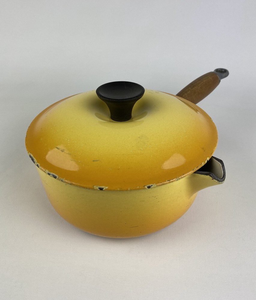 Vintage Le Creuset #18 Cast Iron Enamel Dutch Oven with Lid Yellow Orange Wood Handle A28