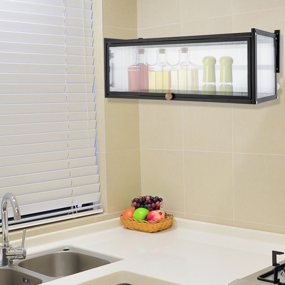 Wall-mounted flip-up kitchen cabinet with translucent strip storage