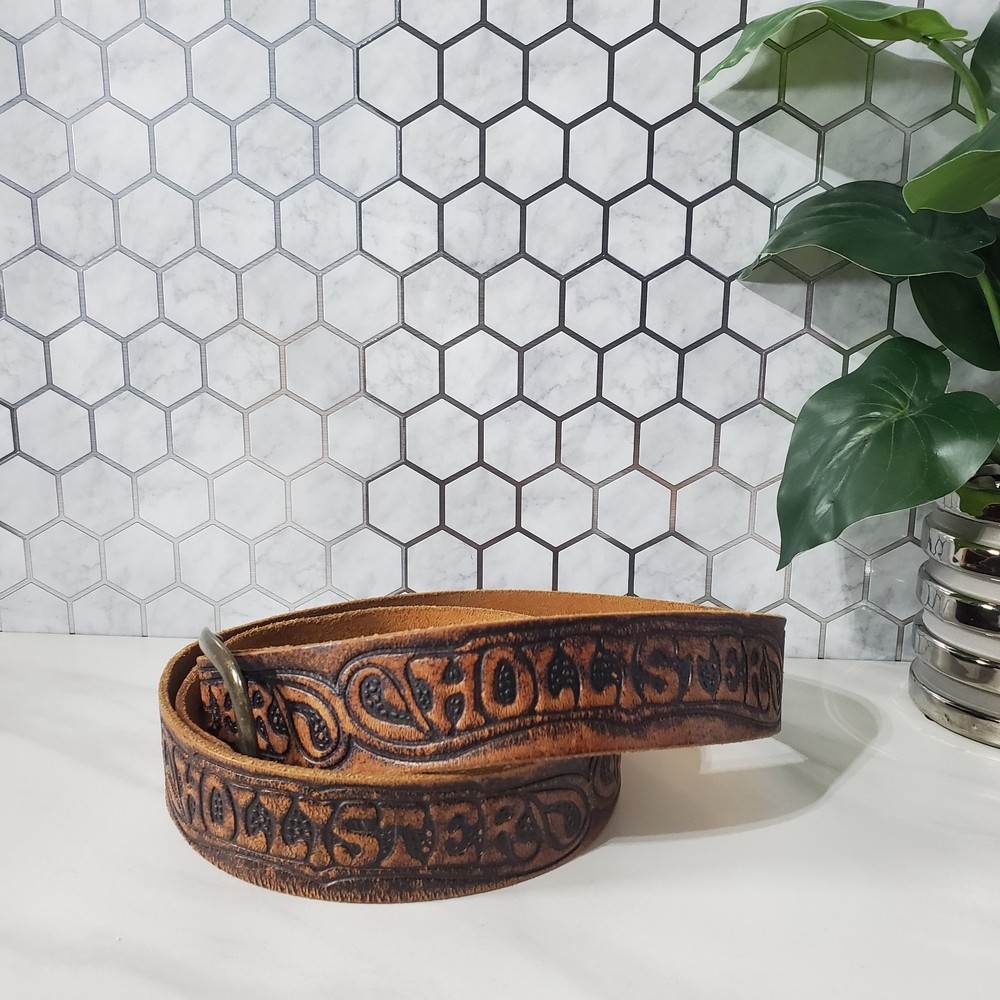 Hollister HCO Mens Brown Leather Embossed Surf Belt Size L Coastal Style