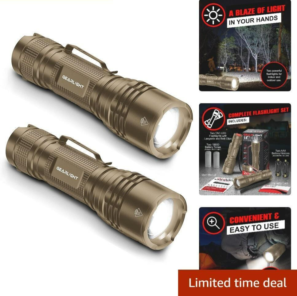 TAC LED Flashlight Pack - 2 Ultra Bright Compact Tactical Flashlights with High Lumens