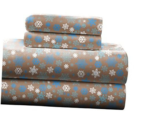 Heavyweight Flannel Cotton Queen Sheet Set 1-Piece Snow Flakes Tan