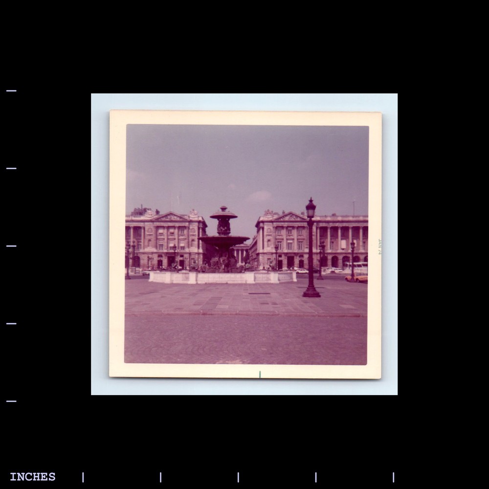 Vibrant Square Color Photo of Paris France Street Scene with Fountain