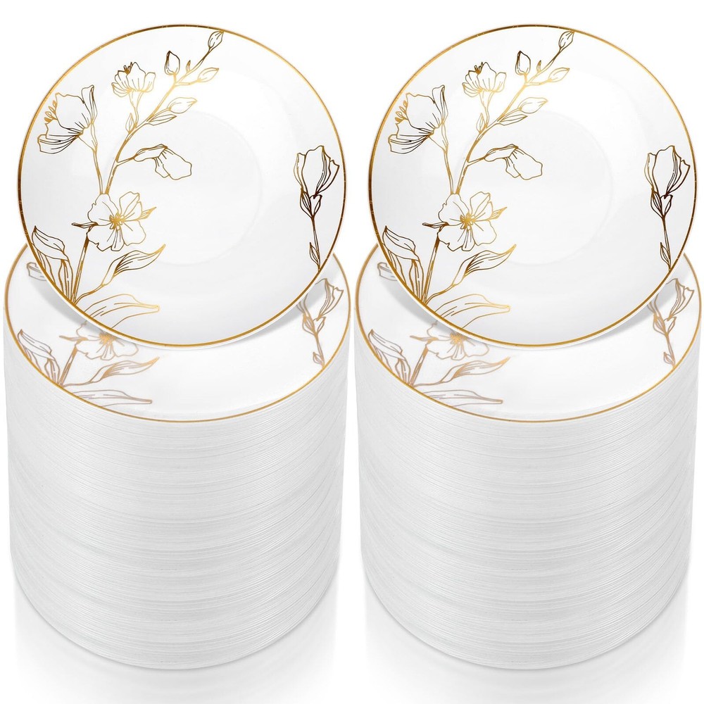 Mifoci 150-Pack 7-Inch White and Gold Floral Plastic Plates for Parties