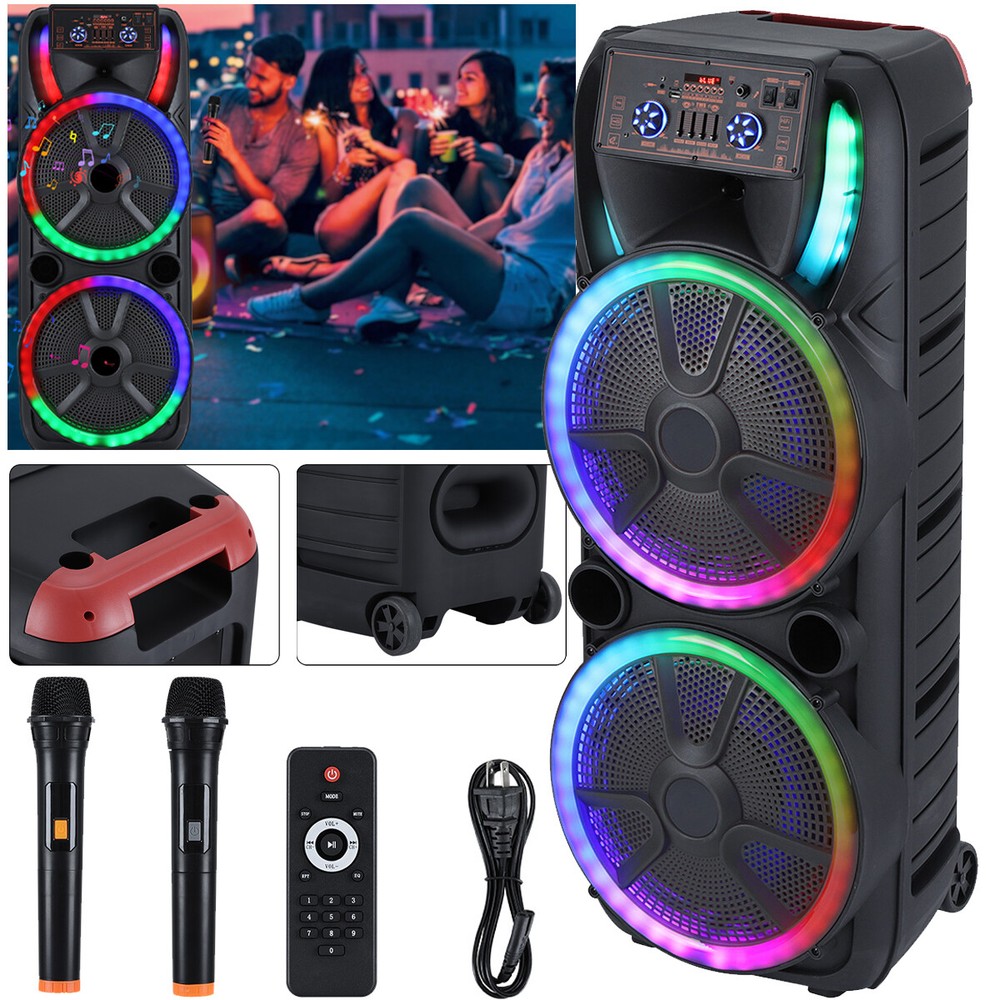 Portable Bluetooth Speaker Dual15'' Sub Woofer Heavy Bass Sound System Party Mic