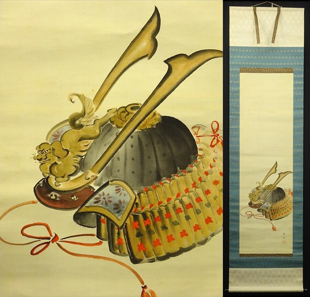 Shin-Made Hanging Scroll Kumada Kofu Helmet Illustration Silk Paper Handwritten